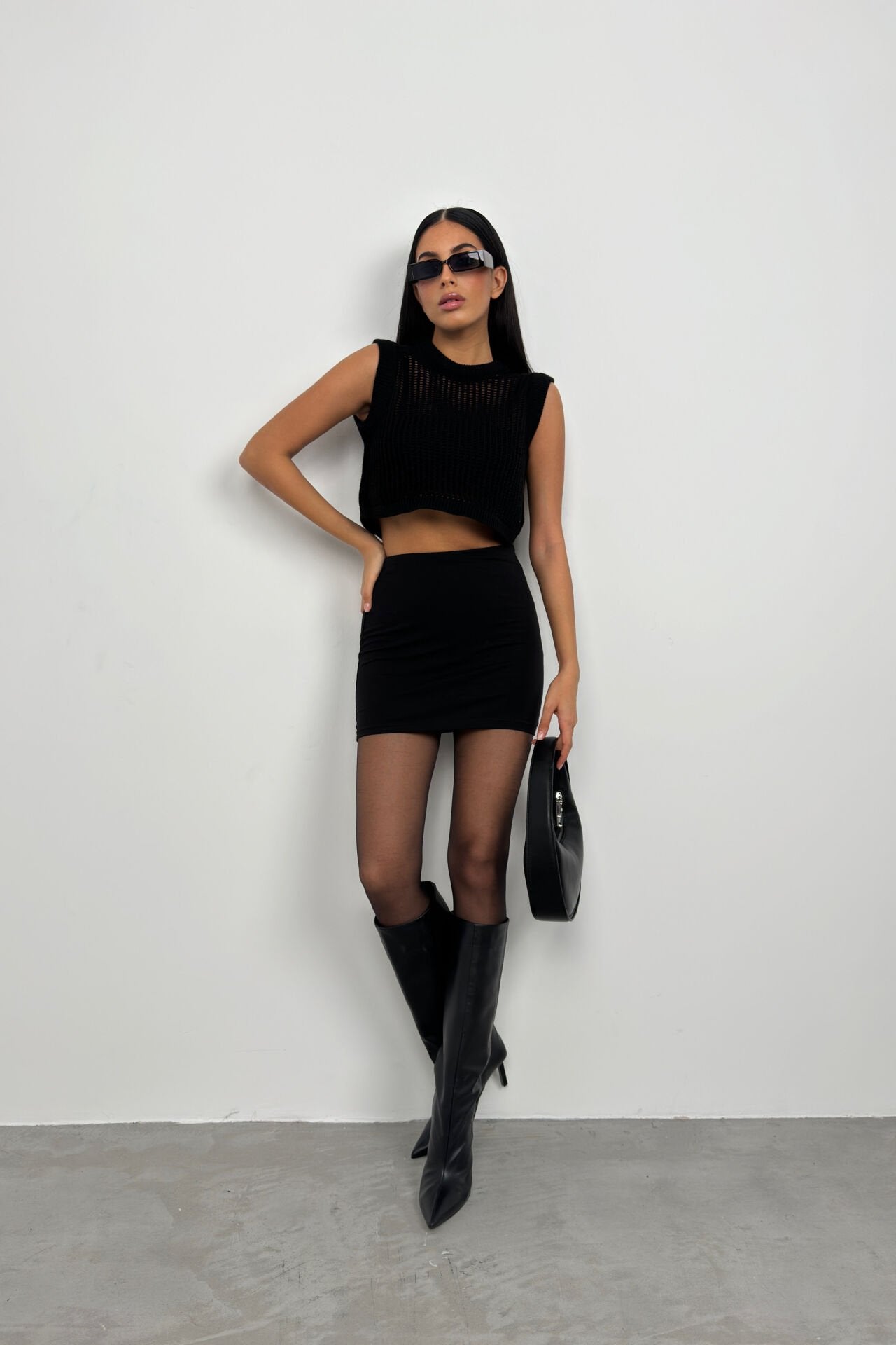 Openwork Black Crop Sweater