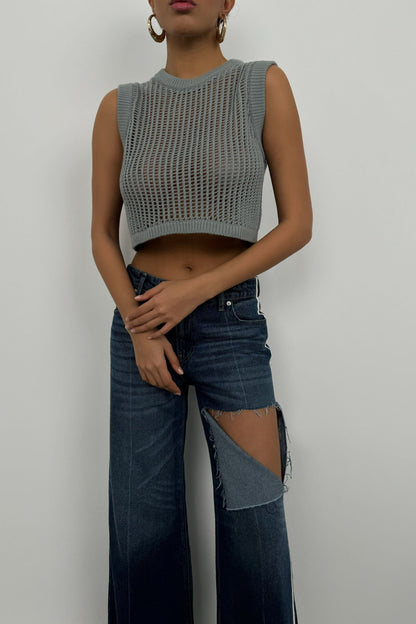 Openwork Gray Crop Sweater