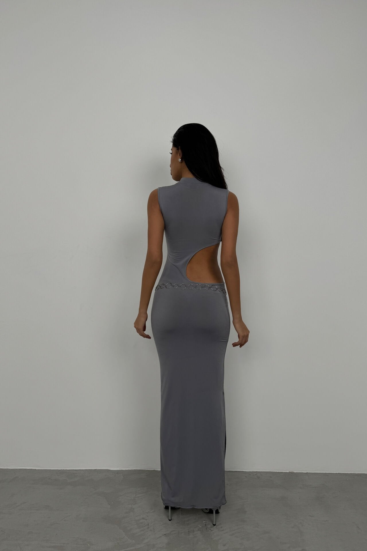 Asymmetrical Waist Belted Gray Long Dress