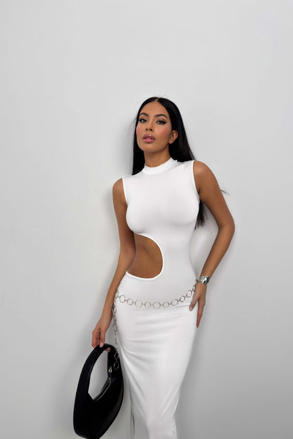 Asymmetrical Waist Belted Ecru Long Dress