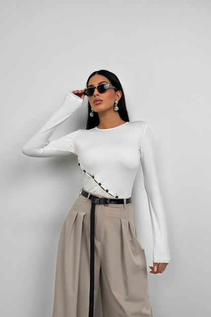 Asymmetrical Button Detail Long Sleeve White Blouse