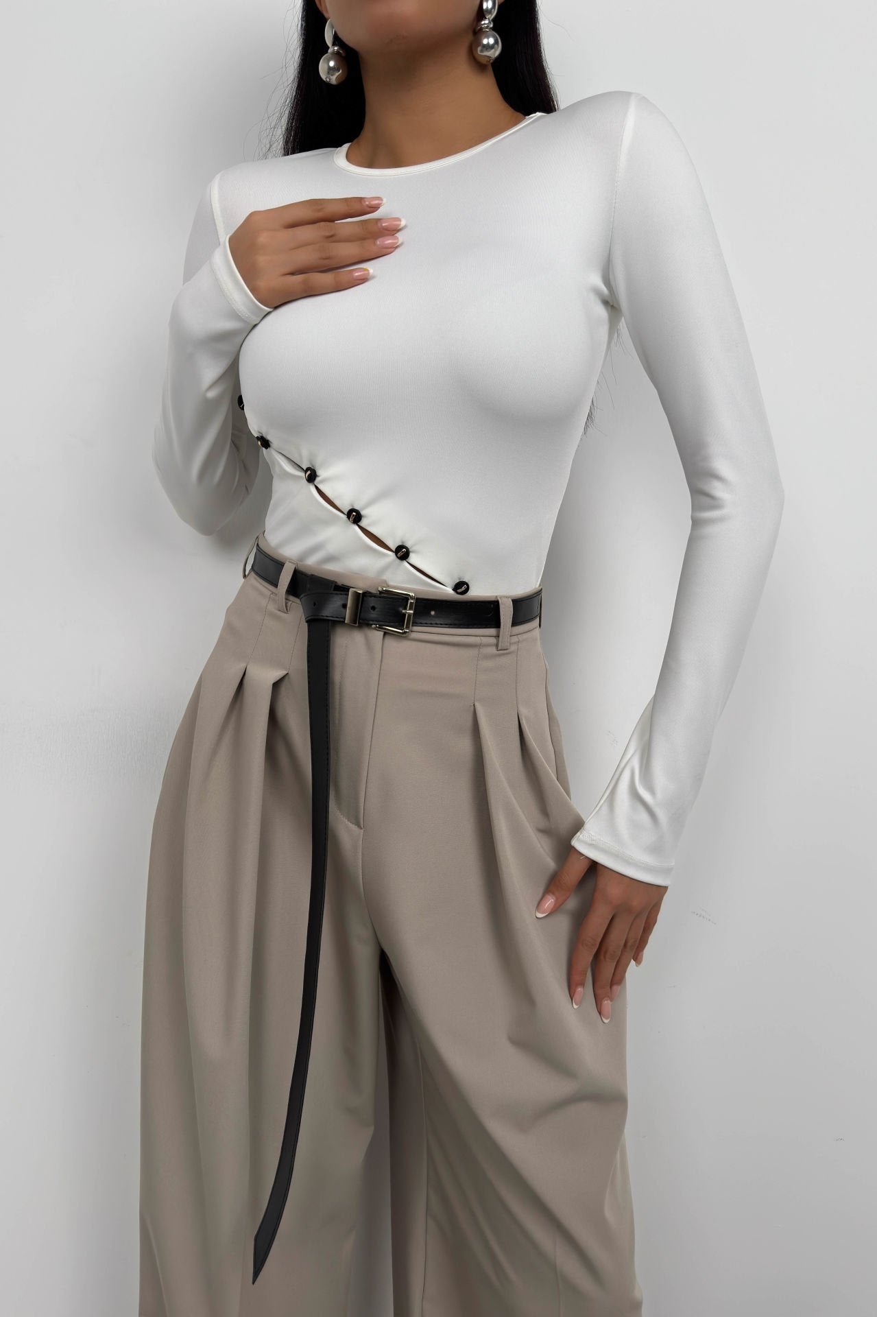 Asymmetrical Button Detail Long Sleeve White Blouse