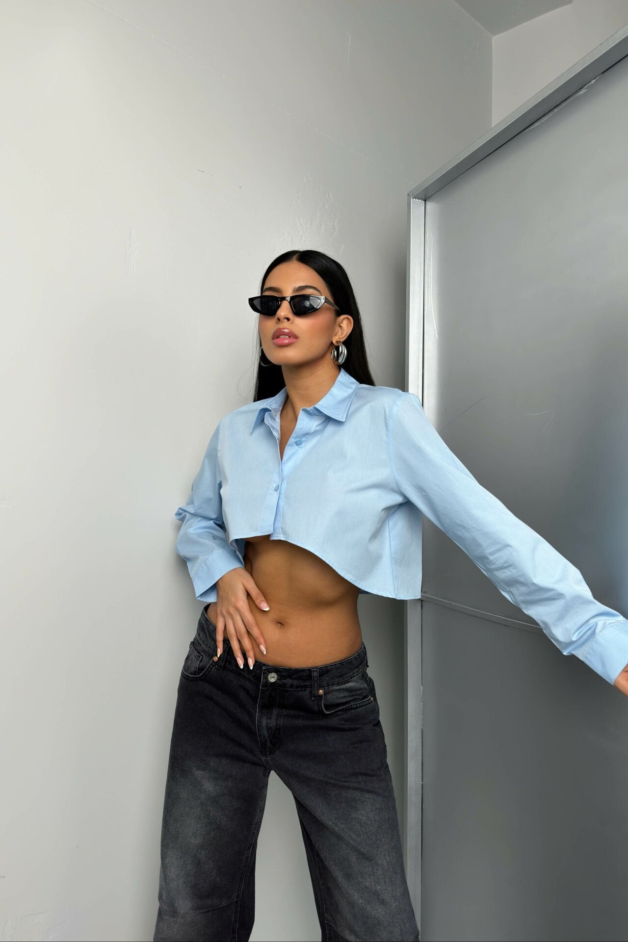 Asymmetrical Cut Blue Crop Shirt
