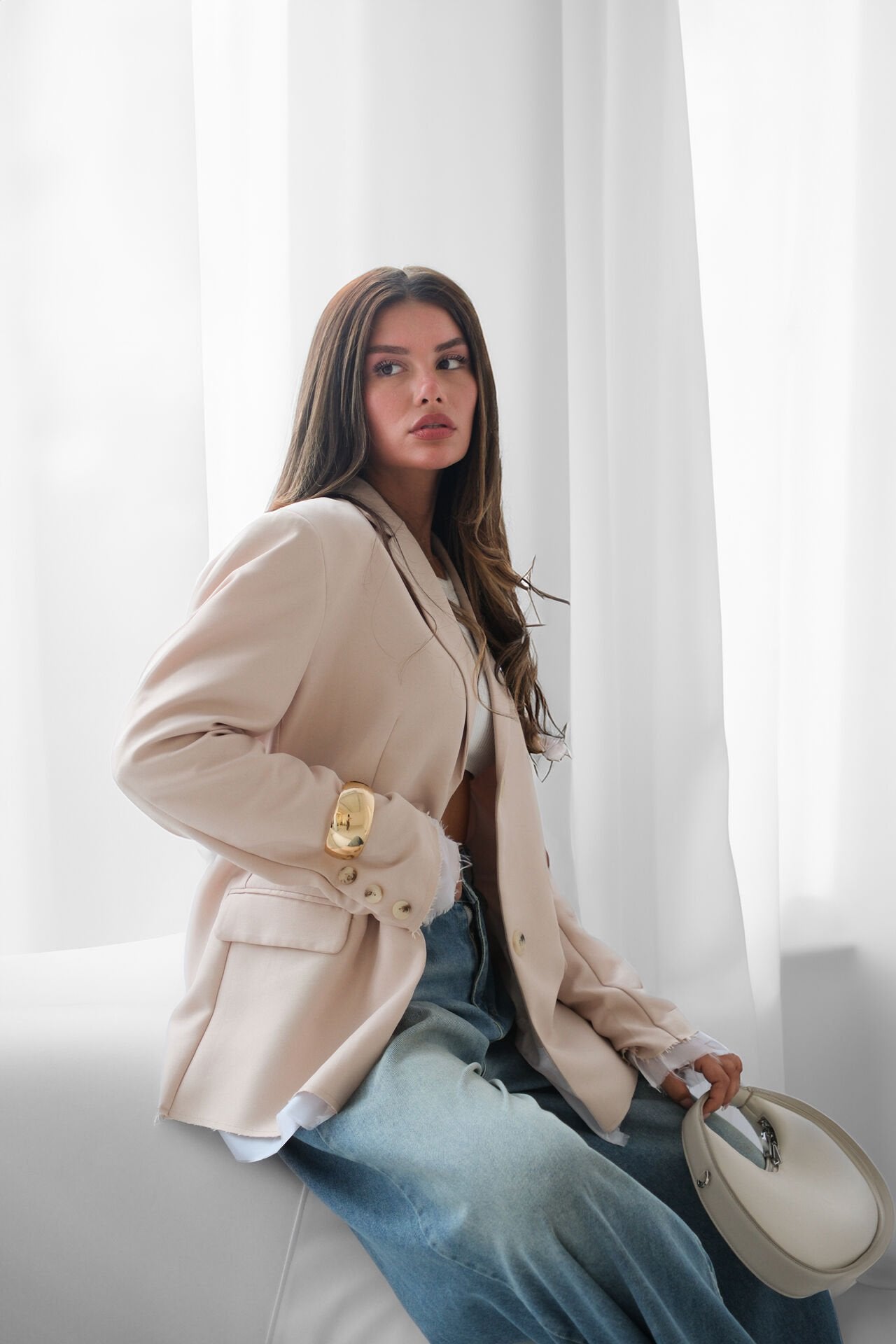 Lining Detail Padded Beige Blazer