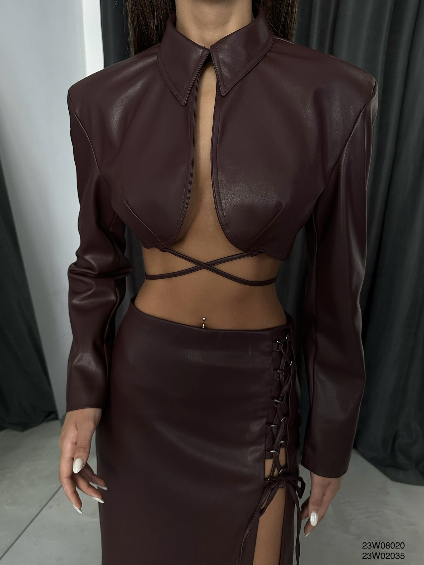 Lacing Detail Claret Red Crop Leather Jacket