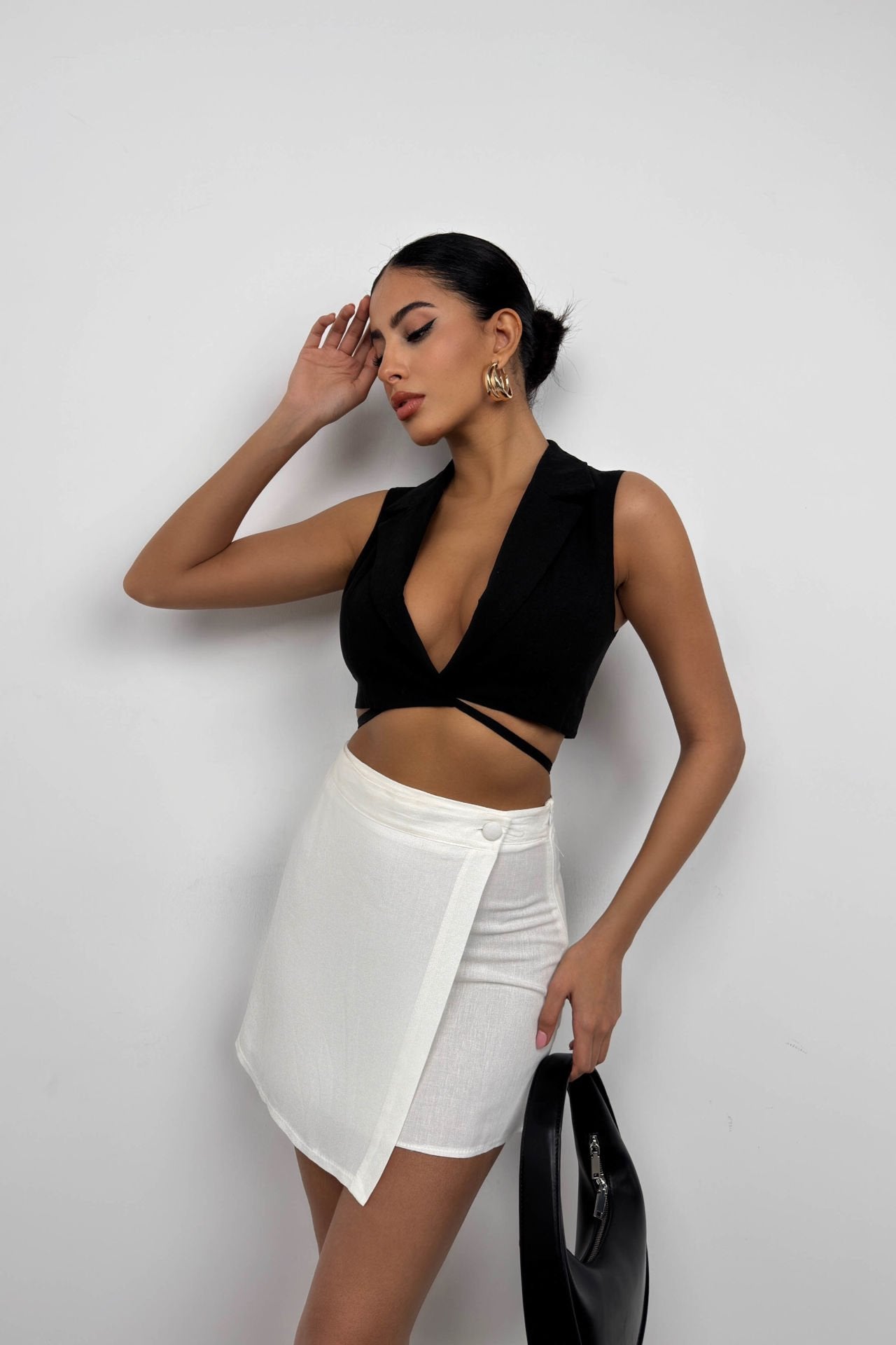 Black Linen Vest with Tie Detail