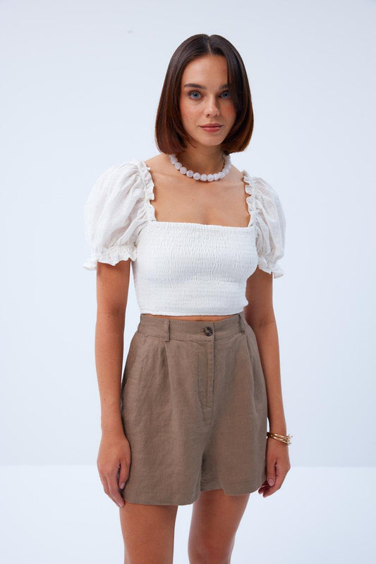 Balloon Sleeve Gimped Ecru Blouse