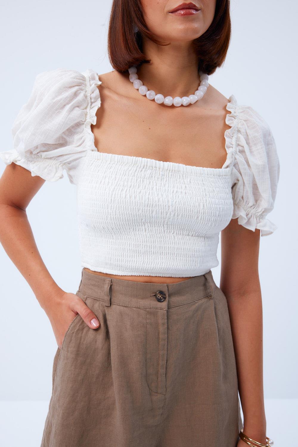 Balloon Sleeve Gimped Ecru Blouse