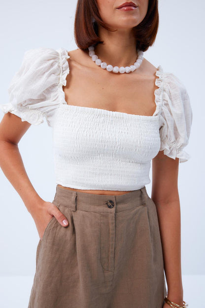 Balloon Sleeve Gimped Ecru Blouse