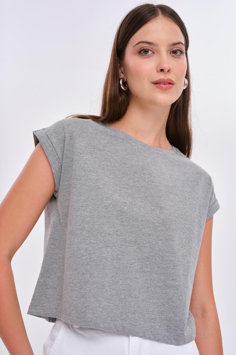 Basic Crew Neck Gray Women's Crop T-Shirt