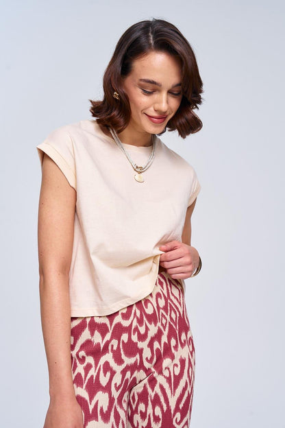 Basic Crew Neck Cream Women's Crop T-Shirt