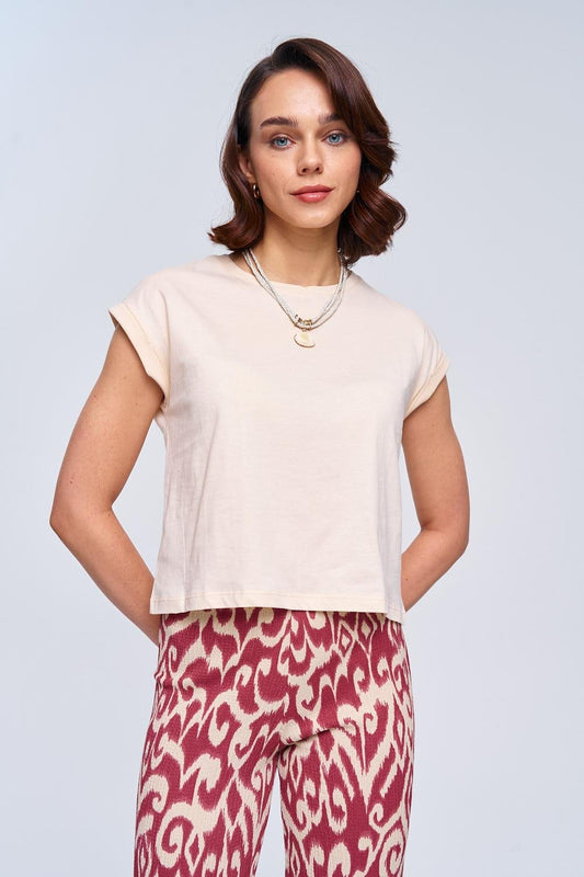Basic Crew Neck Cream Women's Crop T-Shirt
