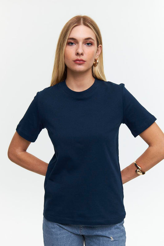 Basic Short Sleeve Navy Blue Women's T-Shirt