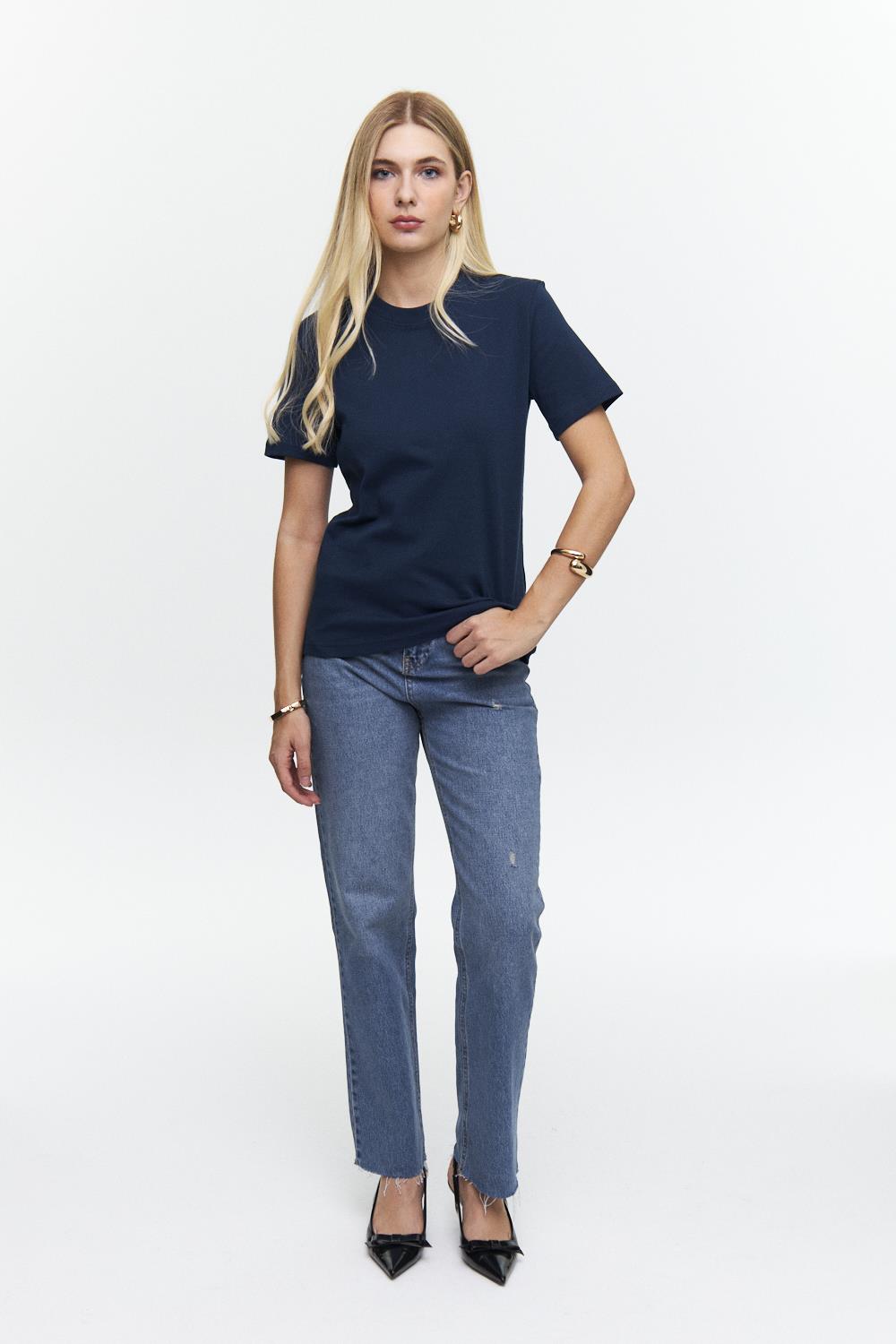 Basic Short Sleeve Navy Blue Women's T-Shirt