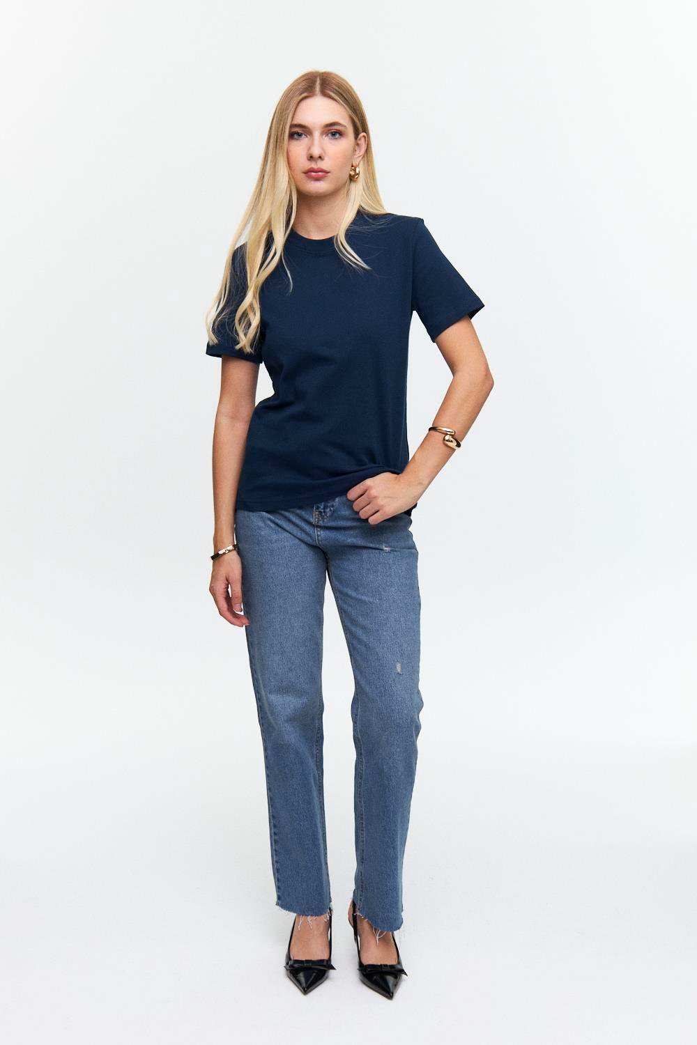 Basic Short Sleeve Navy Blue Women's T-Shirt