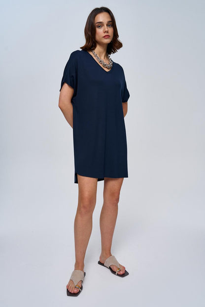 Basic Soft Textured Navy Blue Mini Dress