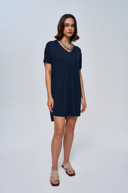 Basic Soft Textured Navy Blue Mini Dress