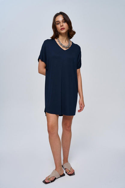 Basic Soft Textured Navy Blue Mini Dress