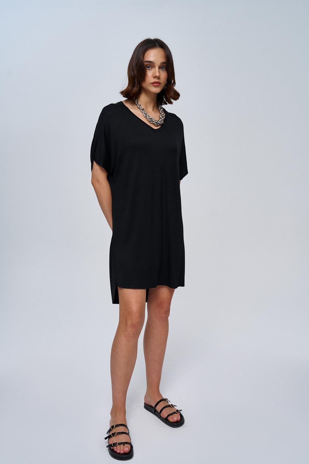 Basic Soft Textured Black Mini Dress