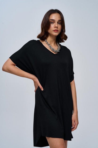 Basic Soft Textured Black Mini Dress