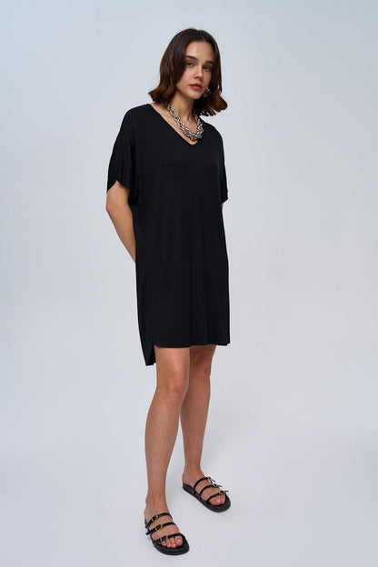 Basic Soft Textured Black Mini Dress