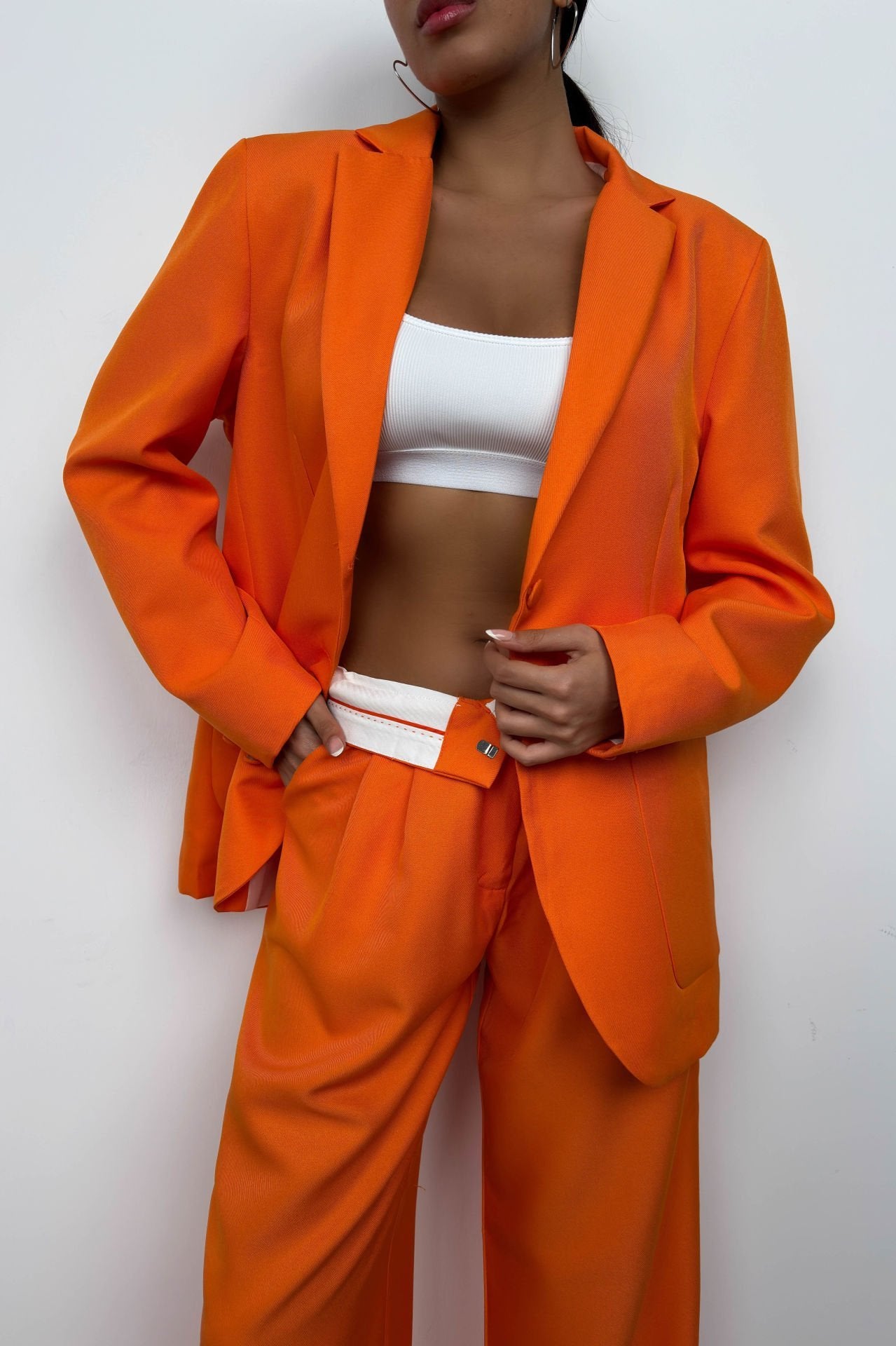 Waist Fold Orange Trousers Blazer Jacket Suit