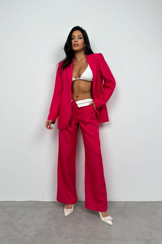 Waist Fold Fuchsia Trousers Blazer Jacket Suit