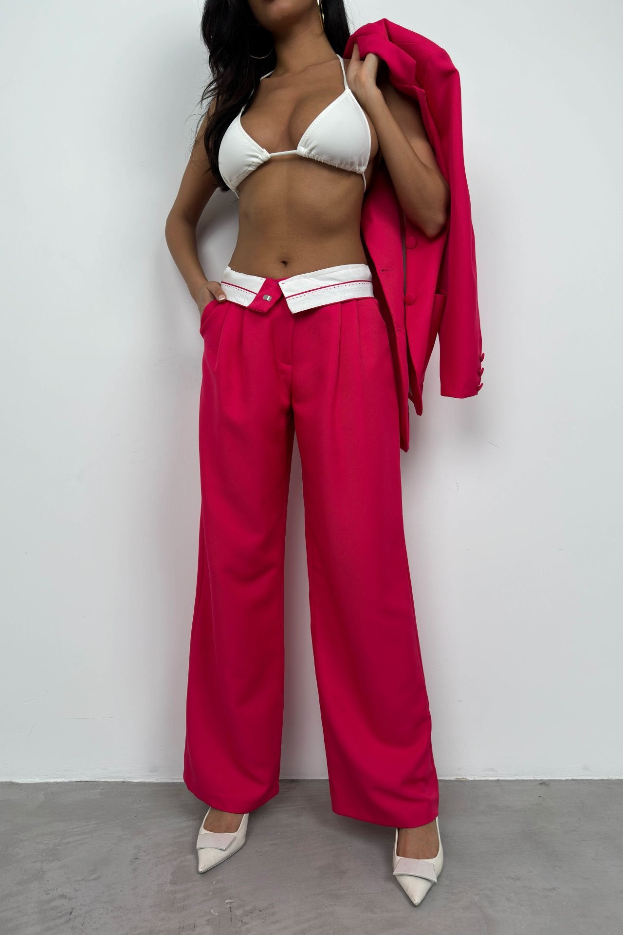 Waist Fold Fuchsia Trousers Blazer Jacket Suit