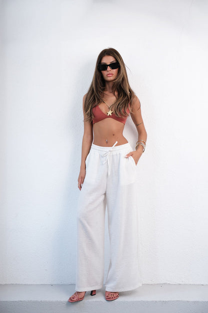 Ecru Trousers with Elastic Waist and Tie Detail