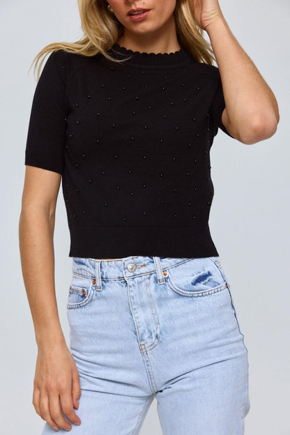 Crew Neck Black Knitwear Blouse with Pearl Detail