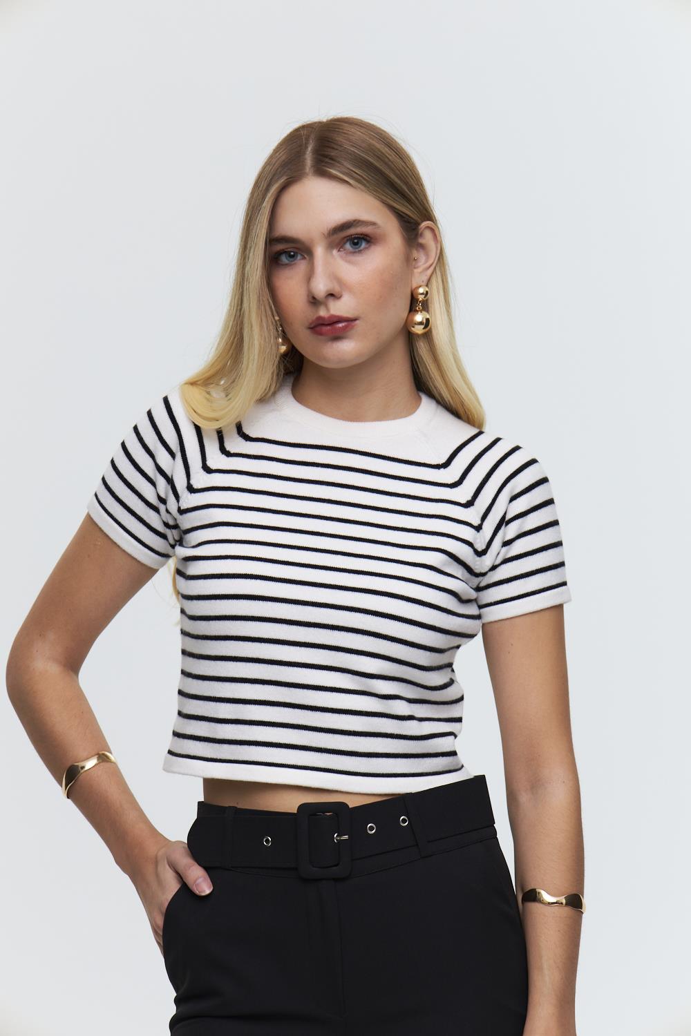 Crew Neck Short Sleeve Knitwear Blouse