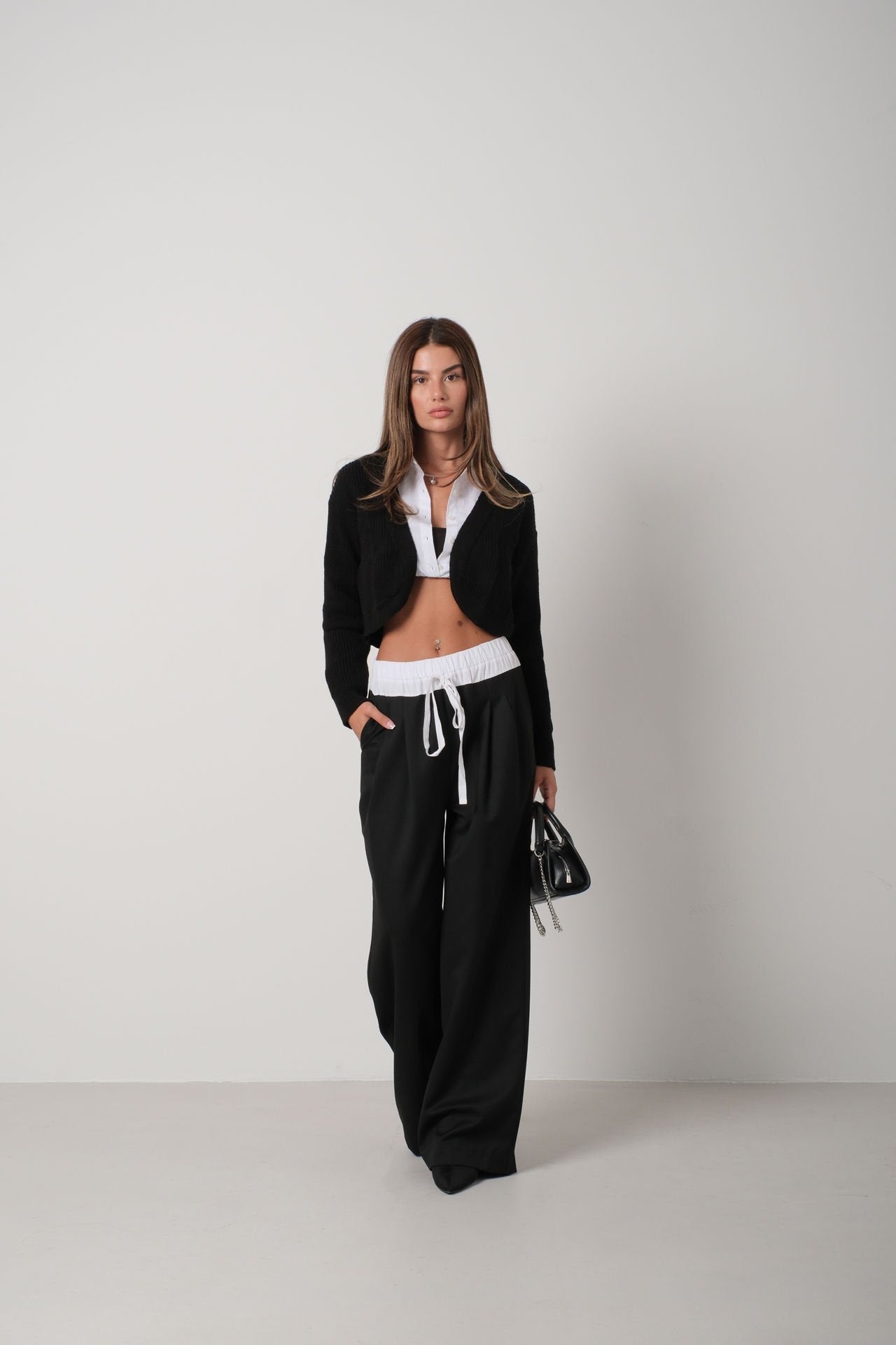 Piping Crop Black Knitwear Cardigan