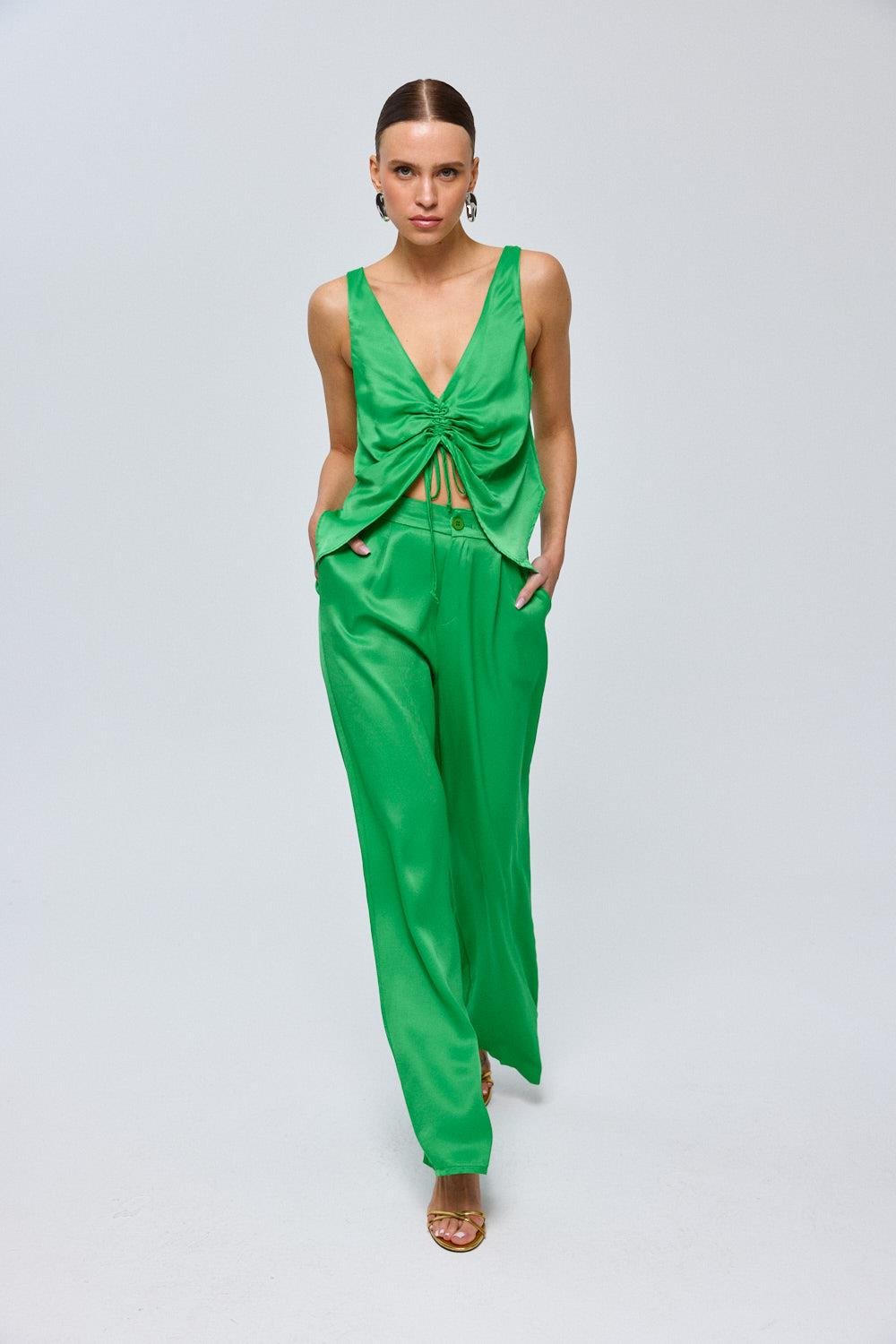 Blouse Trousers Satin Green Women's Suit