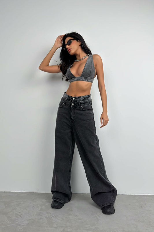 Double Belted High Waist Gray Jean