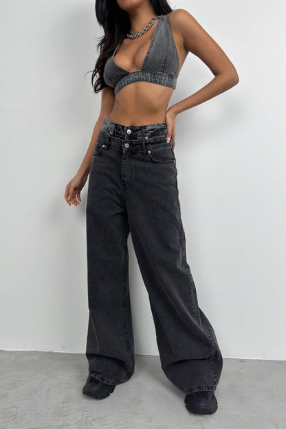 Double Belted High Waist Gray Jean