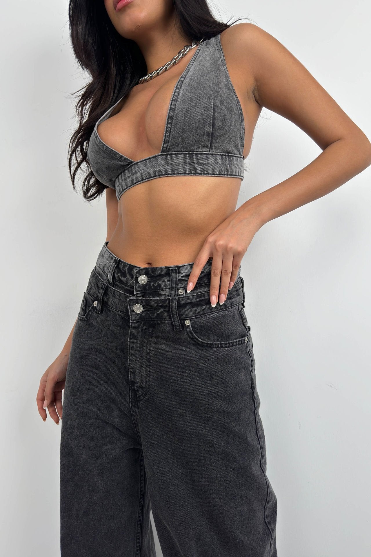 Double Belted High Waist Gray Jean