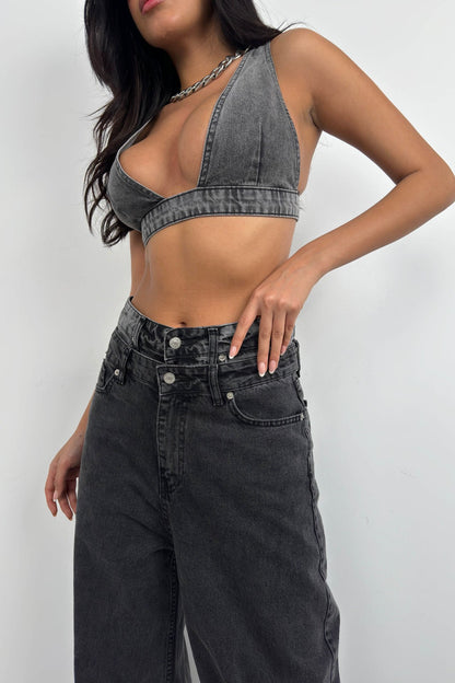 Double Belted High Waist Gray Jean