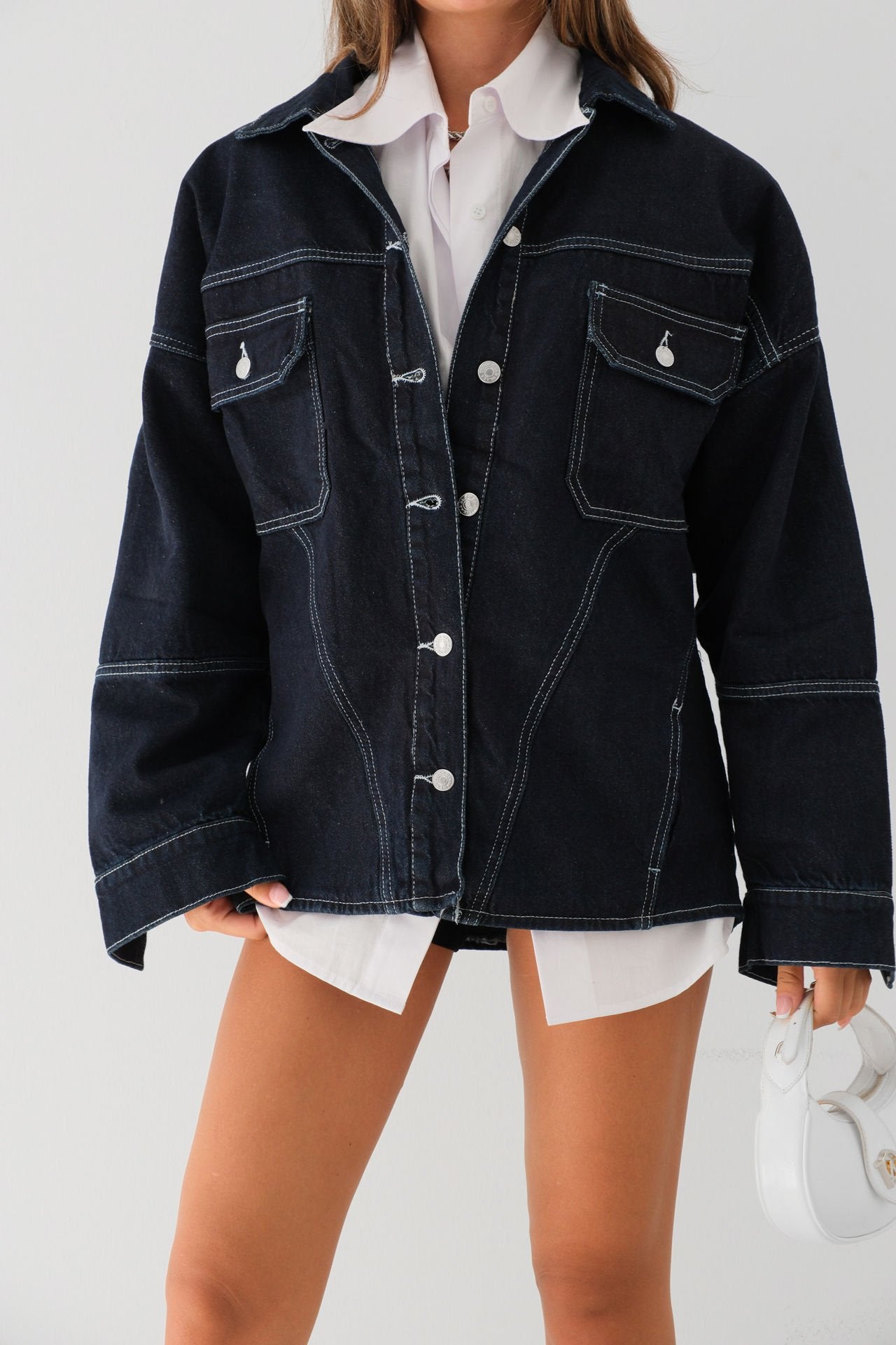 Stitching Detail Oversize Navy Blue Denim Jacket