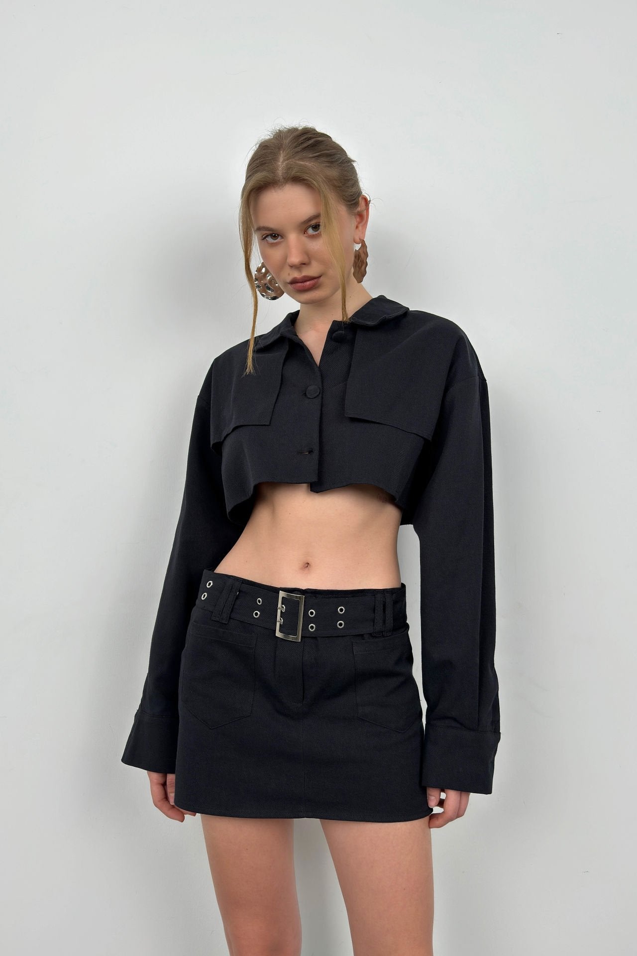 Button Detail Black Crop Jacket