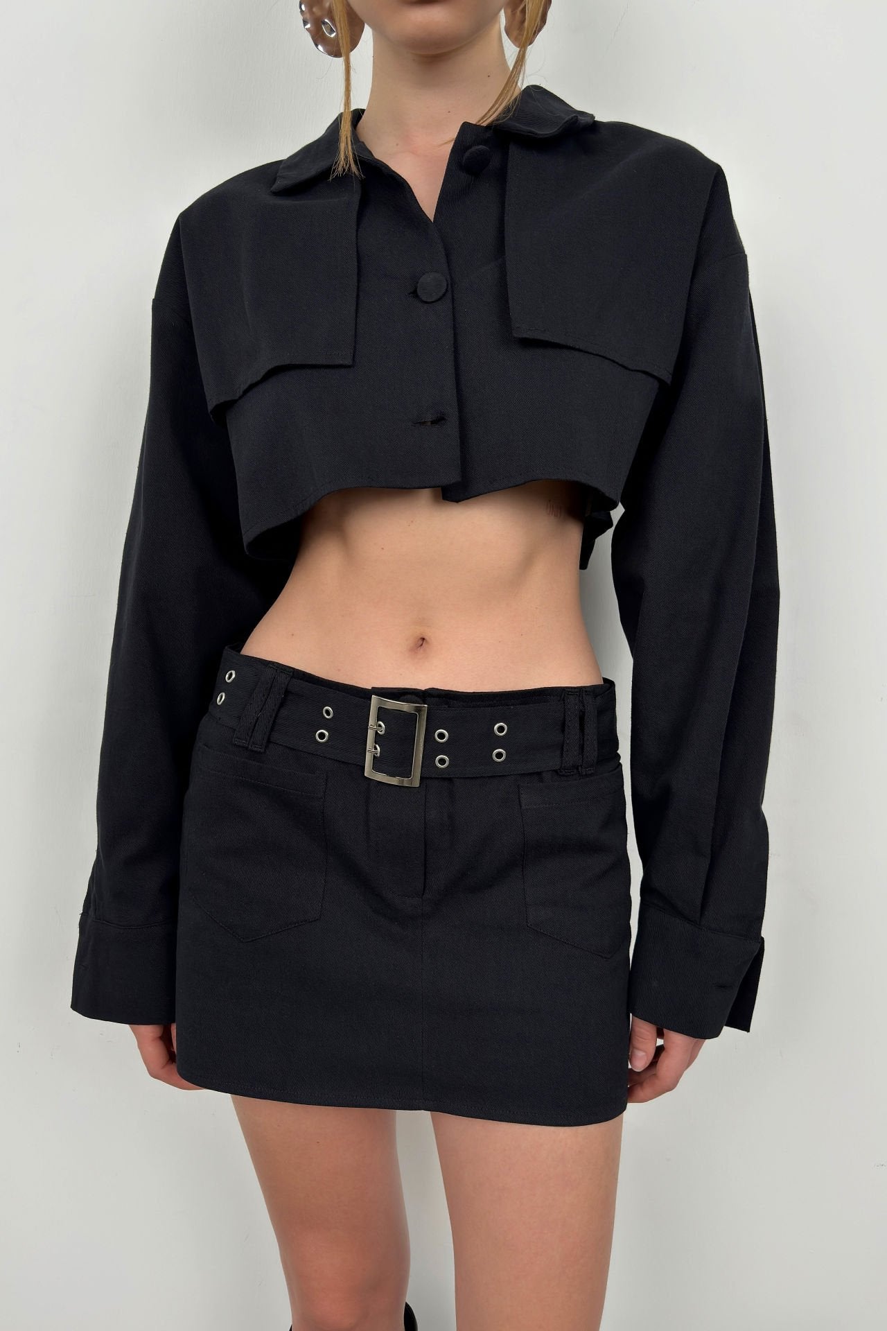Button Detail Black Crop Jacket