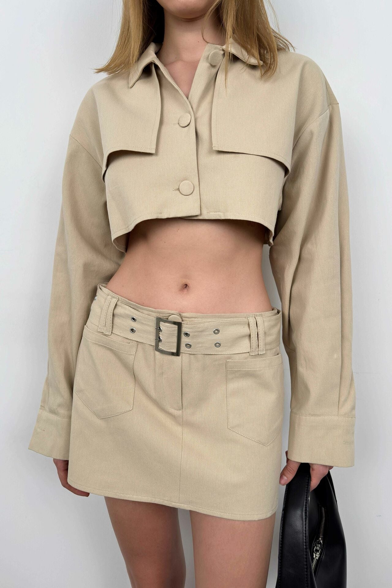 Button Detail Beige Crop Jacket