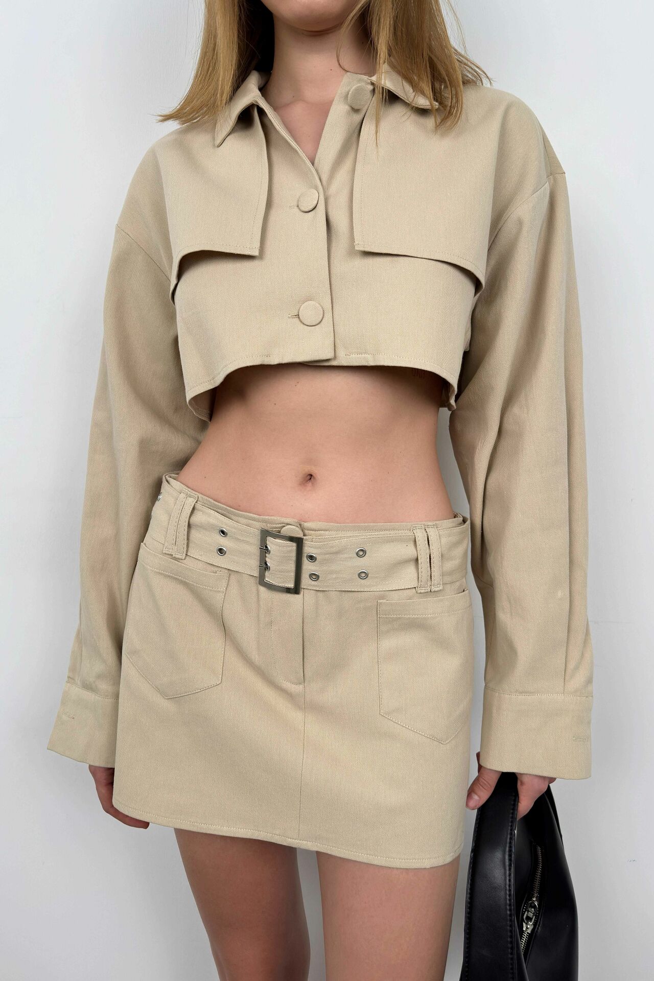 Button Detail Beige Crop Jacket