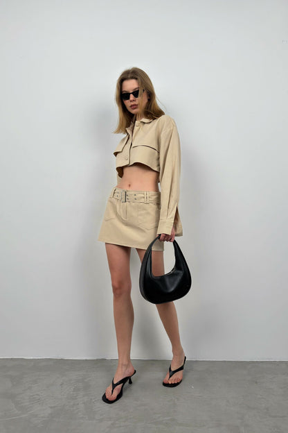 Button Detail Beige Crop Jacket
