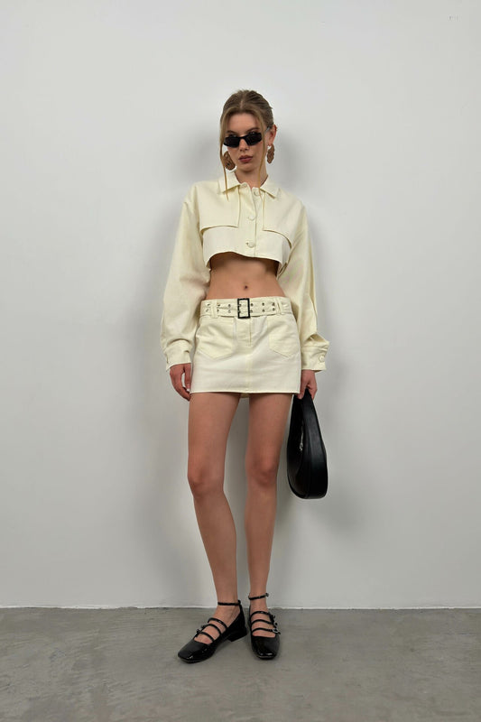 Button Detail Ecru Crop Jacket