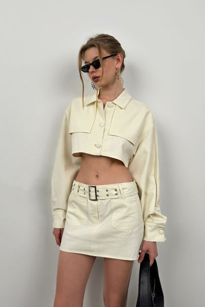 Button Detail Ecru Crop Jacket