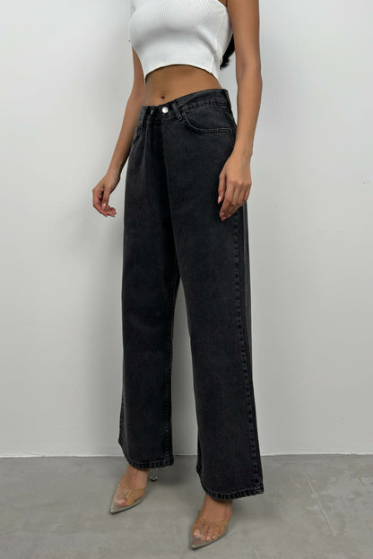 Low Waist Double Button Gray Wide Leg Jean