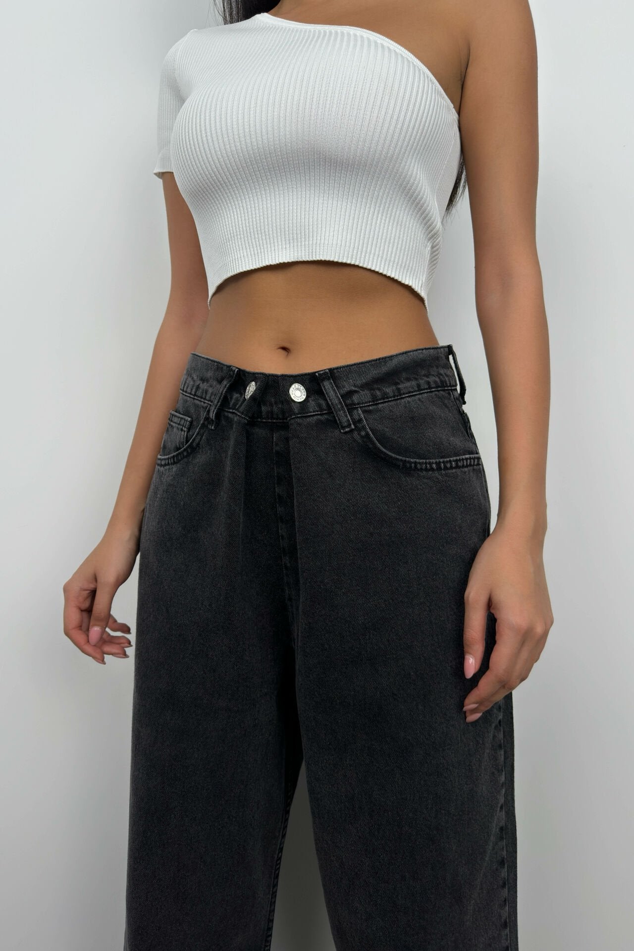 Low Waist Double Button Gray Wide Leg Jean