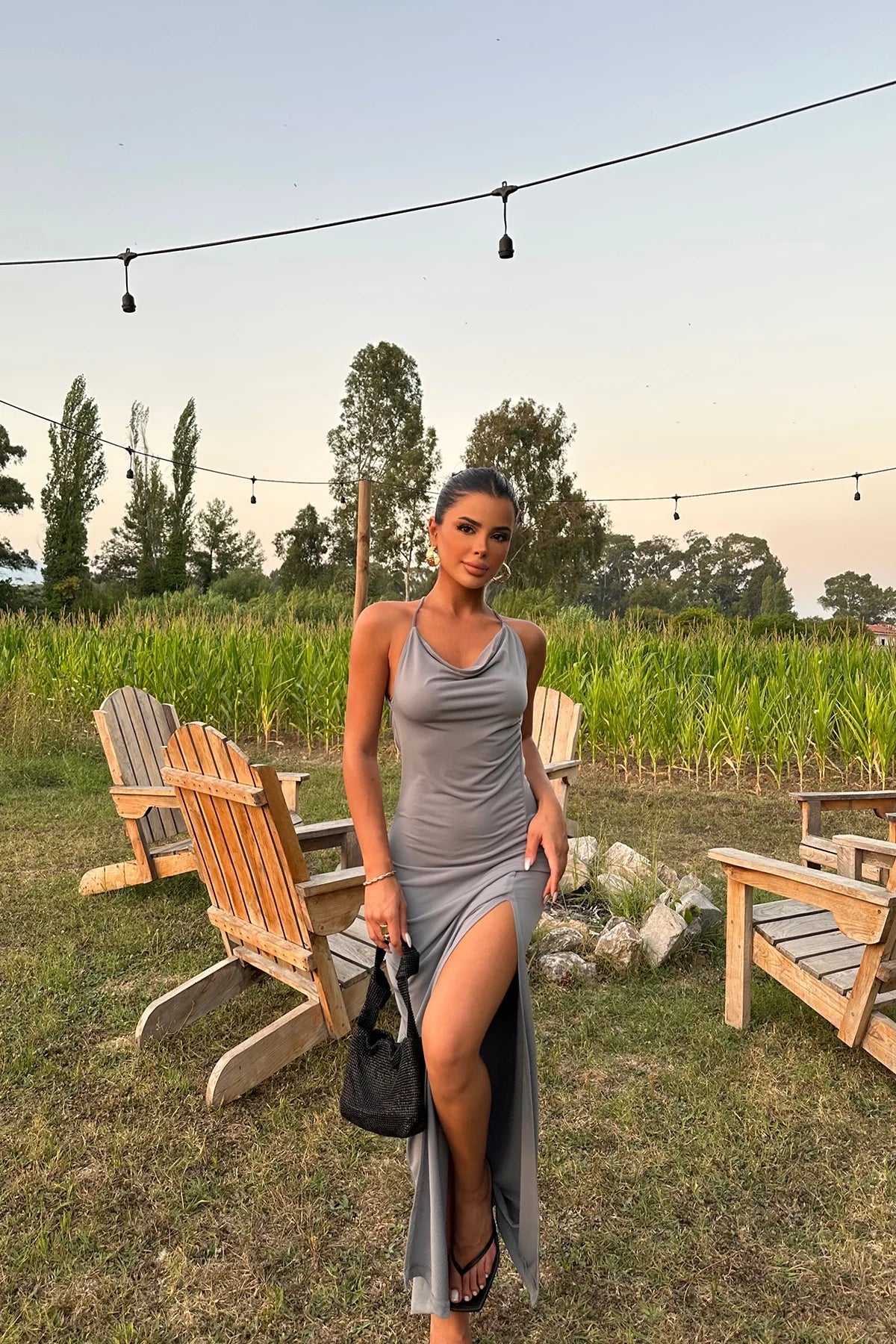 Gray Back Detail Deep Slit Dress