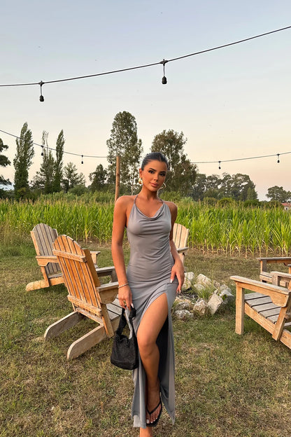 Gray Back Detail Deep Slit Dress
