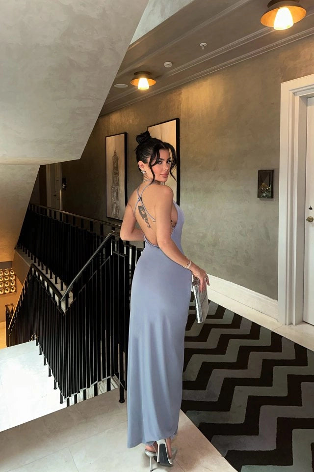 Gray Back Detail Deep Slit Dress
